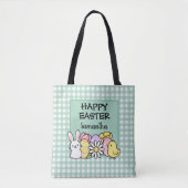 Custom Happy Easter Bunny Chick Green Gingham Draagtas (Voorkant)