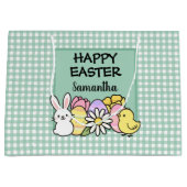 Custom Happy Easter Bunny Chick Green Gingham Groot Cadeauzakje (Voorkant)