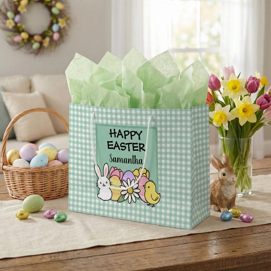 Custom Happy Easter Bunny Chick Green Gingham Groot Cadeauzakje