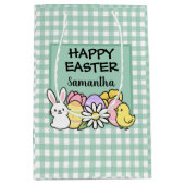 Custom Happy Easter Bunny Chick Green Gingham Medium Cadeauzakje (Voorkant)