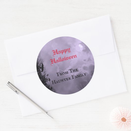 Custom Happy Halloween Full Moon en Raven Paars Ronde Sticker (Envelop)