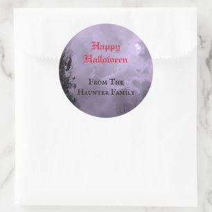 Custom Happy Halloween Full Moon en Raven Paars Ronde Sticker