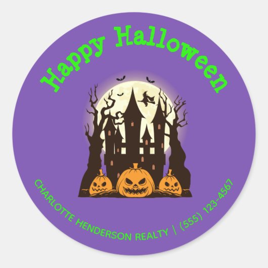 Custom Happy Halloween Haunted House Ronde Sticker (Voorkant)