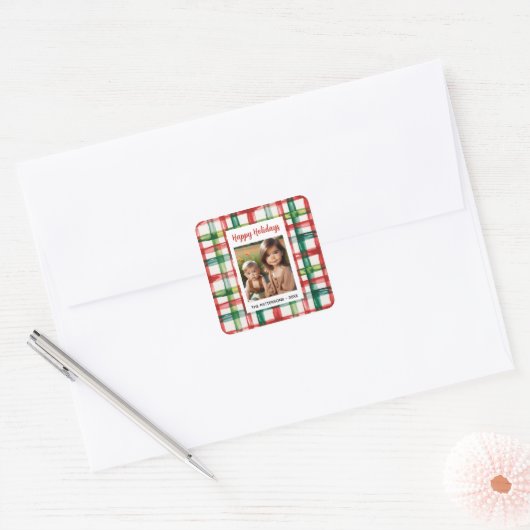 Custom Happy Holidays Fun Plaid Red Green Photo Vierkante Sticker (Envelop)