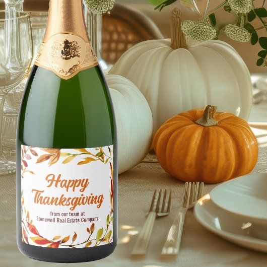 Custom Happy Thanksgiving Autumn Leaves Company Sparkling Wijnetiket