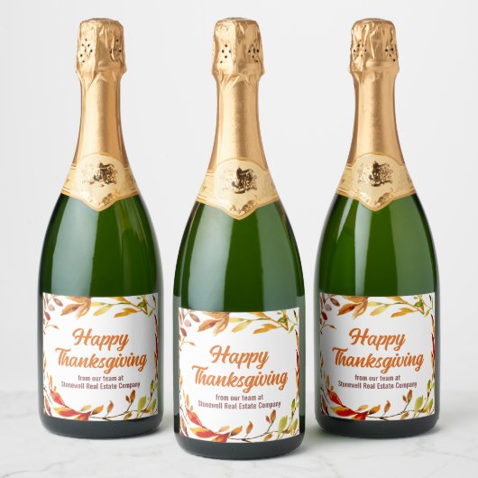 Custom Happy Thanksgiving Autumn Leaves Company Sparkling Wijnetiket (Flessen)