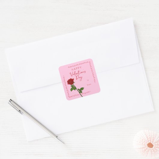 Custom Happy Valentine’s Day Rose Square Sticker (Envelop)