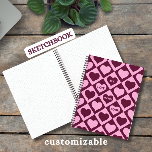 Custom Heart Checkerboard Pattern Bordeaux Pink - Notitieboek