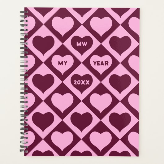 Custom Heart Checkerboard Pattern Bordeaux Pink -  Planner (Voorkant)