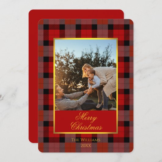 Custom Holiday Photo Card in Traditional Plaid Feestdagenkaart (Voorkant / Achterkant)