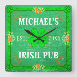 Custom Home Bar Irish Pub Green Wood with Name Vierkante Klok