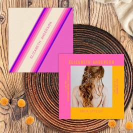 Custom Hot Roze Sinaasappel Retro Stripes 70s, 80s Vierkante Visitekaartje