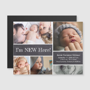 Custom Ik ben Nieuw Hier baby fotocollage Magnetische Uitnodiging