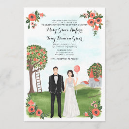 Custom Illustrated Couple Portrait Farm Wedding Kaart