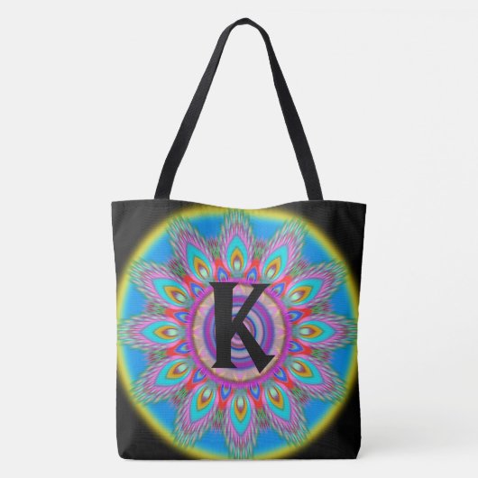 Custom initiaal psychedelische Grote Tas ZWART (Achterkant)