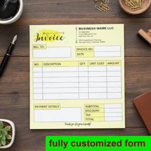 Custom Invoice Receipt, Yellow Small Business Name Notitieblok