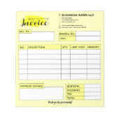 Custom Invoice Receipt, Yellow Small Business Name Notitieblok (Voorkant)