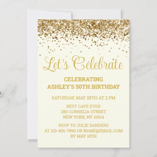 Custom Ivory and Gold Glitter 50th Birthday Party Kaart (Voorkant)