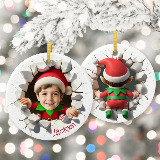 Custom Kids Face Photo Funny Christmas Elf Name Keramisch Ornament