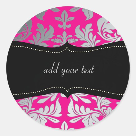 Custom Kleur/Faux zilver barok damast heet roze Ronde Sticker (Voorkant)