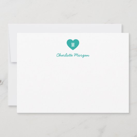 Custom Kleur Monogram Hart Modern Script Notitiekaartje (Voorkant)