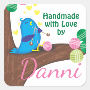 Custom kleur schattig blauw vogel breien naalden g vierkante sticker