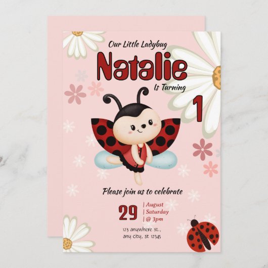 Custom Ladybug Birthday Invitation  Kaart (Voorkant / Achterkant)