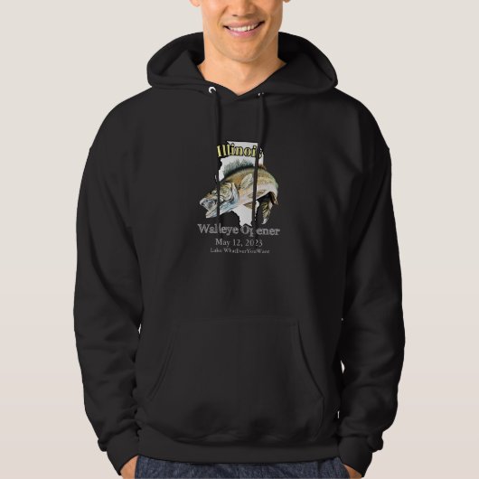 Custom Lake and Date Illinois Walleye Open Dark Hoodie (Voorkant)