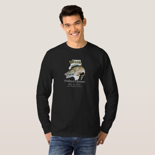 Custom Lake and Date Illinois Walleye Open Dark T-shirt (Voorkant volledig)