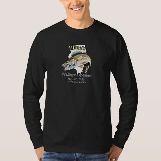 Custom Lake and Date Illinois Walleye Open Dark T-shirt (Voorkant)