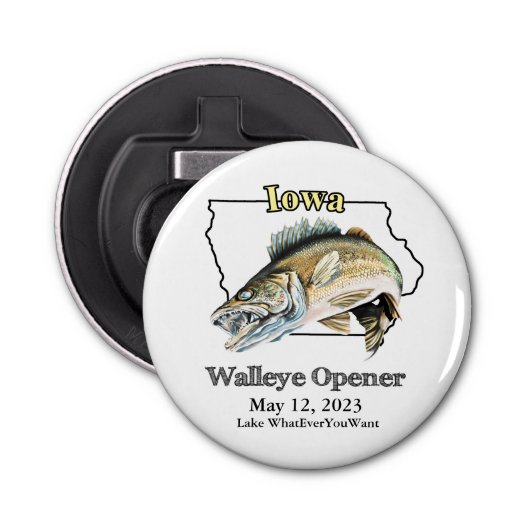 Custom Lake and Date Iowa Walleye Open Button Flesopener (Voorkant)