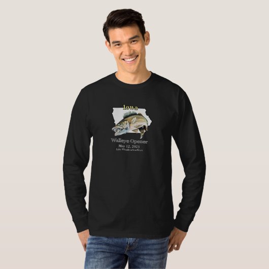 Custom Lake and Date Iowa Walleye Open Dark T-shirt (Voorkant volledig)