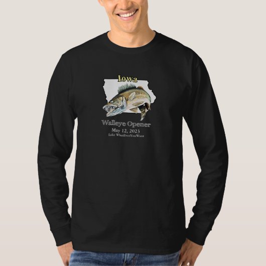 Custom Lake and Date Iowa Walleye Open Dark T-shirt (Voorkant)