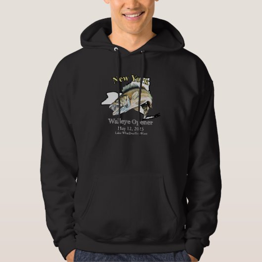 Custom Lake and Date New York Walleye Open Dark Hoodie (Voorkant)