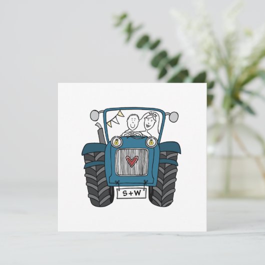 Custom Land Bruiloft Blauwe Tractor Avond Kaart (Staand voorkant)