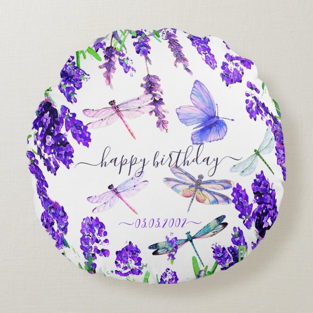 Custom Lavender Dragonfly Shabby Chic Boho Style Rond Kussen (Voorkant)