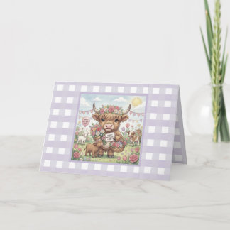 Custom Lavender Highland Cow Gingham Mother's Day Kaart