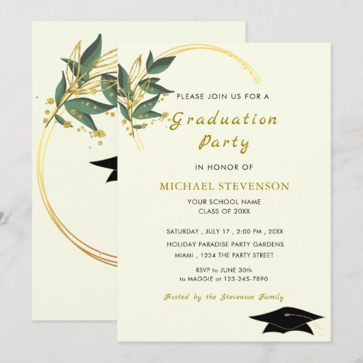 Custom Leaves Gold Afstuderen Invitation Sjabloon (Voorkant / Achterkant)