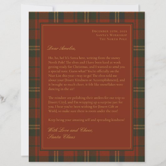 Custom Letter from Santa for Kids Christmas Plaid (Voorkant)
