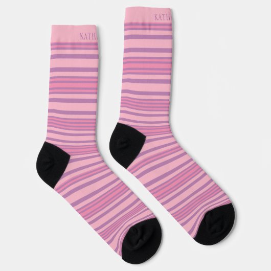 Custom Light Pink Dark Purple Peach Stripes Sokken (Rechts)