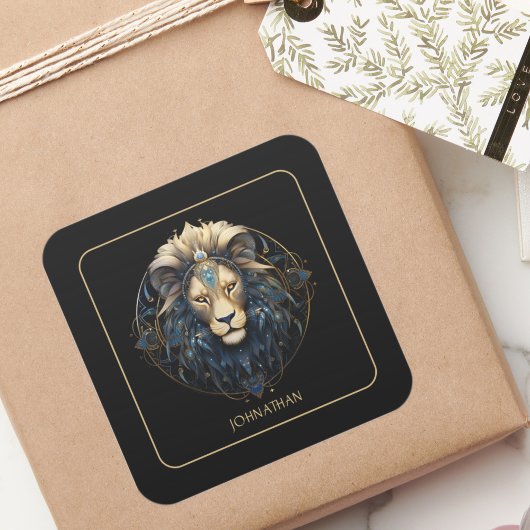 Custom Lion Zodiac Symbool Kosmisch Zwart Goud Leo Vierkante Sticker
