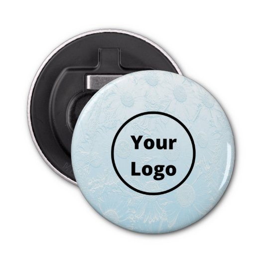 Custom logo engraved blue floral button flesopener (Voorkant)