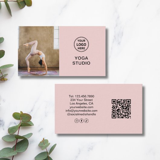 Custom Logo Photo QR Yoga Instructor Teacher Pink Visitekaartje