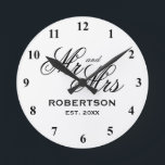 Custom M. et Mme Newlyweds Wedding vend clock<br><div class="desc">Custom M. et Mme Newlyweds est un poison. Elegant script typographiy template with family name and date of marriage. Classy presents for just married couple or bride and groom. Chic black and white design home decor. Personalized decor for unique kitchen, office, living room, menacé, etc. Add your own established year...</div>