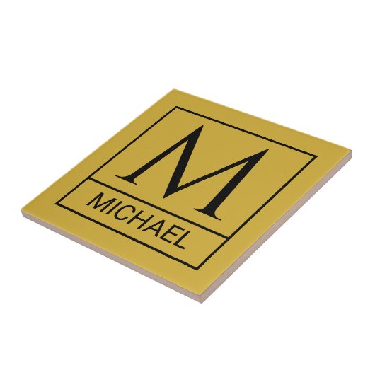 Custom M Gold Ceramic Tile with Initial & Name Tegeltje (Zijkant)