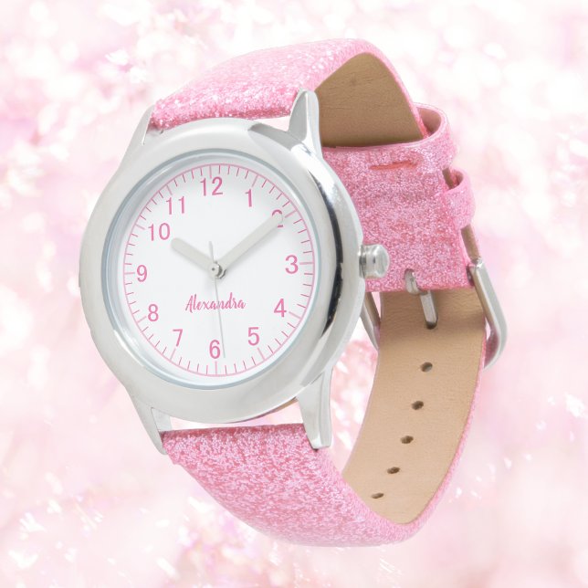Custom Meisje Naam Roze Glitter Strap Kind Horloge (Creator heeft geüpload)