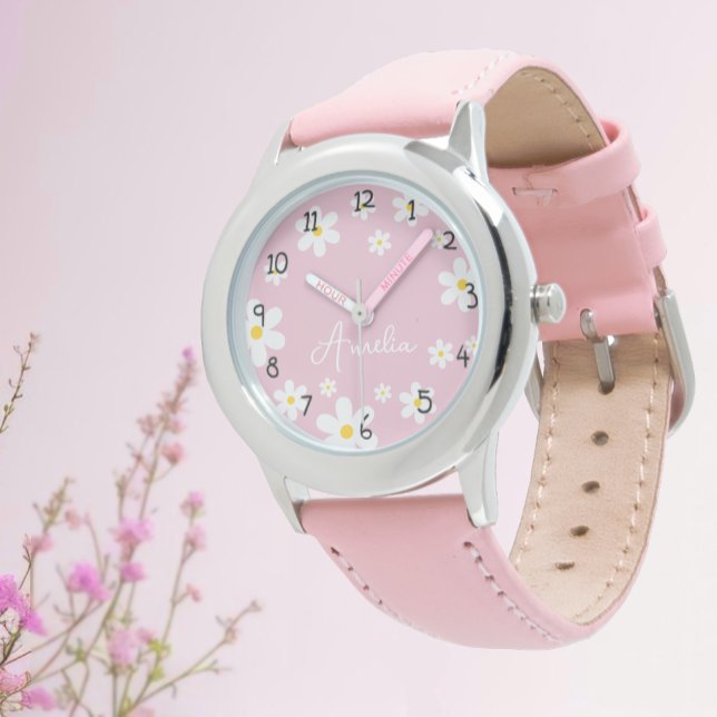 Custom Meisjes Naam Roze Daisy Kinder Horloge (Creator heeft geüpload)