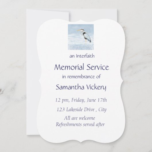 Custom Memorial Service Invite Blue Heron Bird Kaart (Achterkant)