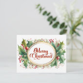 Custom Merry Christmas Script in Goud Bloemen Lijs Feestdagenkaart (Staand voorkant)