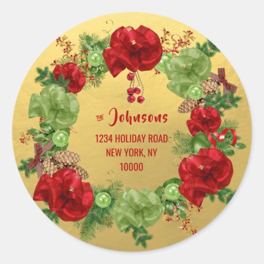 Custom MERRY KERSTMIS krans GOUD Retouradres Ronde Sticker (Voorkant)
